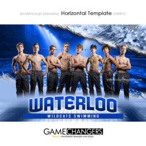 Swim team Photoshop template with group of swimmers and water splash background.