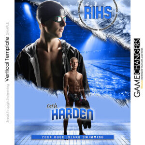 Swimming senior banner Photoshop template with athlete and pool background.