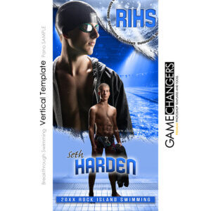 Swimming senior banner Photoshop template with athlete and pool background.