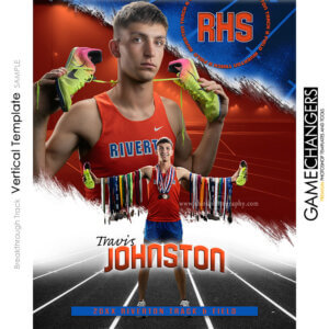 Track senior banner Photoshop template with athlete on running track.