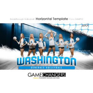 Volleyball team Photoshop template featuring group of players with court background.