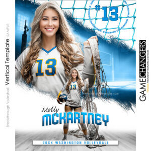 Volleyball senior banner Photoshop template with athlete in action pose on court.