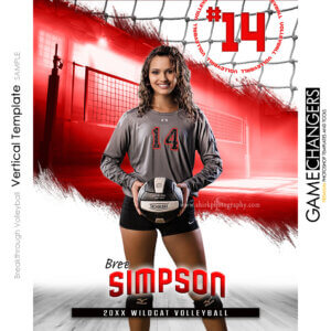 Volleyball Photoshop template featuring player with ball and court background.