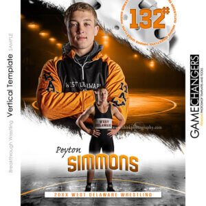 Wrestling senior banner Photoshop template with athlete pose on mat background.