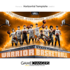 Basketball team Photoshop template featuring group of athletes with podium and arena background.