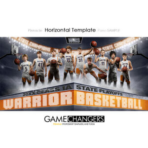 Basketball team Photoshop template featuring group of athletes with podium and arena background.