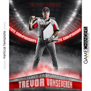 Baseball individual Photoshop template featuring individual athlete with podium and stadium background.