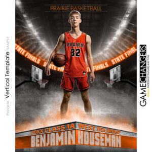 Basketball individual Photoshop template featuring individual athlete with podium and arena background.