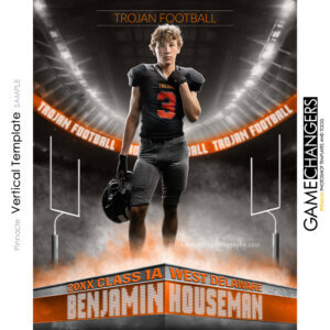 Football individual Photoshop template featuring individual athlete with podium and stadium background.
