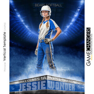 Softball individual Photoshop template featuring individual athlete with podium and arena background.