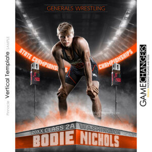 Wrestling individual Photoshop template featuring individual athlete with podium and arena background.