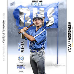 Baseball individual vertical Photoshop template featuring individual athlete with custom logo flag arena or stadium backdrop.