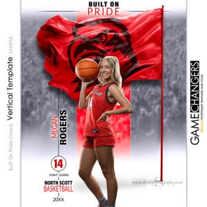Basketball individual vertical Photoshop template featuring individual athlete with custom logo flag arena or stadium backdrop.