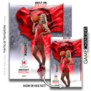 Basketball individual vertical Photoshop template featuring individual athlete with custom logo flag arena or stadium backdrop.