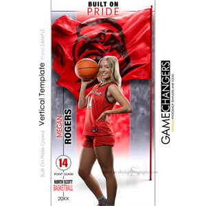 Basketball individual vertical Photoshop template featuring individual athlete with custom logo flag arena or stadium backdrop.