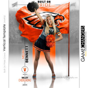Cheer individual vertical Photoshop template featuring individual athlete with custom logo flag arena or stadium backdrop.