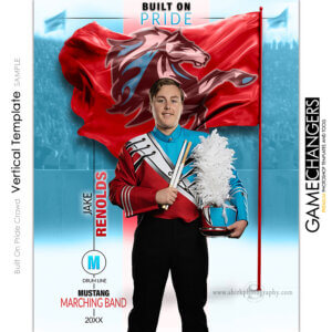 Marching band individual vertical Photoshop template featuring individual athlete with custom logo flag arena or stadium backdrop.