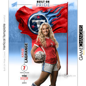 Soccer individual vertical Photoshop template featuring individual athlete with custom logo flag arena or stadium backdrop.