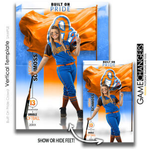 Softball individual vertical Photoshop template featuring individual athlete with custom logo flag arena or stadium backdrop.