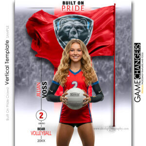 Volleyball individual vertical Photoshop template featuring individual athlete with custom logo flag arena or stadium backdrop.