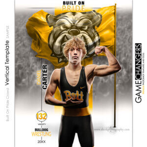 Wrestling individual vertical Photoshop template featuring individual athlete with custom logo flag arena or stadium backdrop.