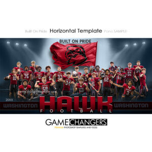 Football team Photoshop template featuring individual athlete with logo flag arena or stadium backdrop with custom flooring options.