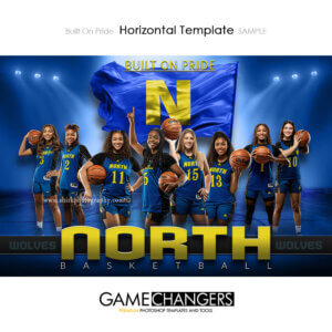 Basketball team Photoshop template featuring individual athlete with logo flag arena or stadium backdrop with custom flooring options.