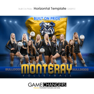 Volleyball team Photoshop template featuring individual athlete with logo flag arena or stadium backdrop with custom flooring options.