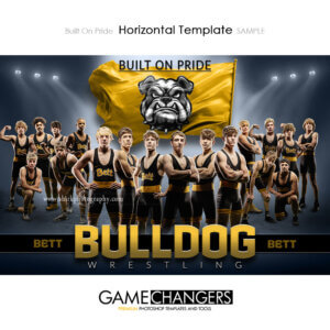 Wrestling team Photoshop template featuring individual athlete with logo flag arena or stadium backdrop with custom flooring options.