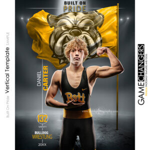 Wrestling individual Photoshop template featuring individual athlete with logo flag arena or stadium backdrop with custom flooring options.