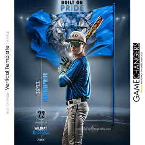 Baseball individual Photoshop template featuring individual athlete with logo flag arena or stadium backdrop with custom flooring options.