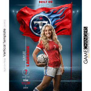 Soccer individual Photoshop template featuring individual athlete with logo flag arena or stadium backdrop with custom flooring options.
