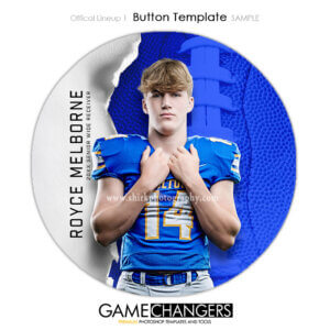 Football button Photoshop template featuring individual athlete with official ripped paper background.