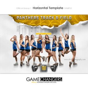 Track and field Photoshop template featuring Team athlete with official ripped paper background.