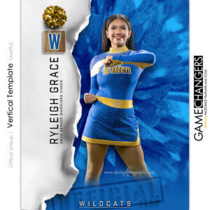 Cheer individual Photoshop template featuring individual athlete with official ripped paper background.