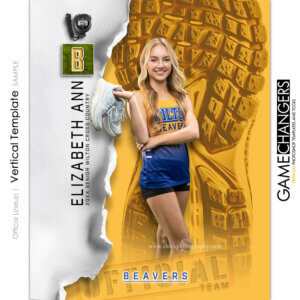Cross Country individual Photoshop template featuring individual athlete with official ripped paper background.