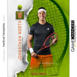 Tennis individual Photoshop template featuring individual athlete with official ripped paper background.