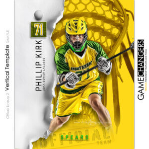 Lacrosse individual Photoshop template featuring individual athlete with official ripped paper background.