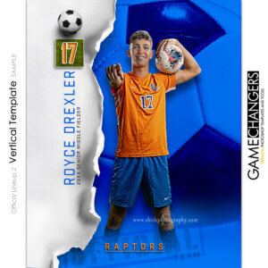 Soccer individual Photoshop template featuring individual athlete with official ripped paper background.