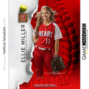 Softball individual Photoshop template featuring individual athlete with official ripped paper background.