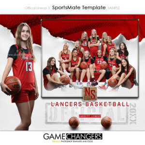 Basketball sportsmate Photoshop template featuring individual athlete with official ripped paper background.