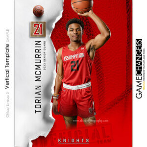 Basketball individual Photoshop template featuring individual athlete with official ripped paper background.
