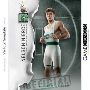 Wrestling individual Photoshop template featuring individual athlete with official ripped paper background.