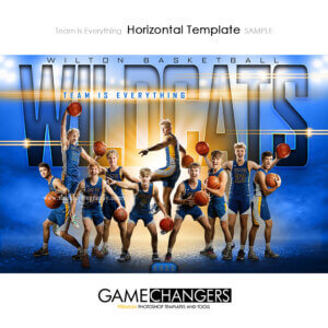 Basketball team horizontal Photoshop template featuring individual athlete with custom flare and fog arena or stadium backdrop.