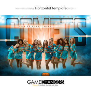 Cheer team horizontal Photoshop template featuring individual athlete with custom flare and fog arena or stadium backdrop.