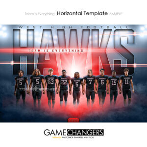 Football team horizontal Photoshop template featuring individual athlete with custom flare and fog arena or stadium backdrop.
