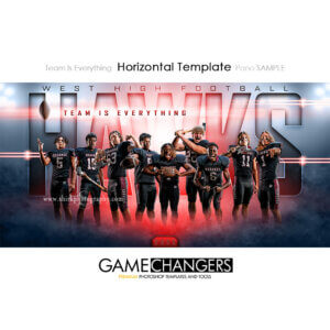 Football team horizontal Photoshop template featuring individual athlete with custom flare and fog arena or stadium backdrop.