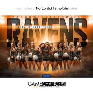 Volleyball team horizontal Photoshop template featuring individual athlete with custom flare and fog arena or stadium backdrop.