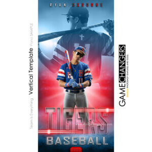 Baseball individual vertical Photoshop template featuring individual athlete with custom flare and fog arena or stadium backdrop.