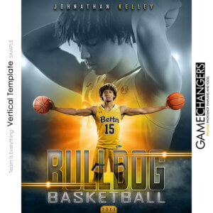 Basketball individual vertical Photoshop template featuring individual athlete with custom flare and fog arena or stadium backdrop.